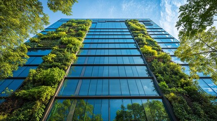 A glass-clad office building with greenery integrated into its structure, trees lining its base and vertical gardens cascading down the facade, creating a sustainable urban landmark 