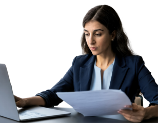 Focused young woman reviewing documents on a laptop in a professional setting, conveying concentration and determination on transparent background