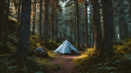 Experience Solitude in a Lone Tent Set in a Forest Clearing Surrounded by Canopy Views