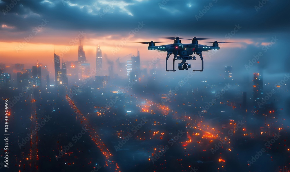 Aufkleber 曇り空に浮かぶドローンからの都市夜景 オレンジとブルーの照明が特徴的な高層ビル群の眺め