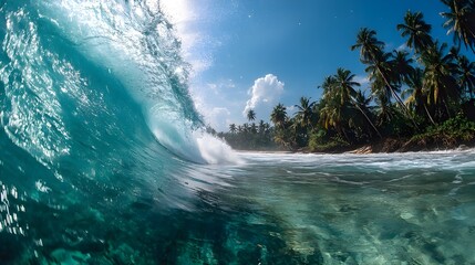 Surfing Break on a Tropical Island Panorama with Final Waves Crashing on Stunning Beach Backdrop