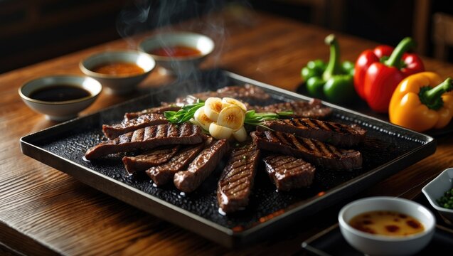 Teppanyaki-style beef grilled on a flat pan