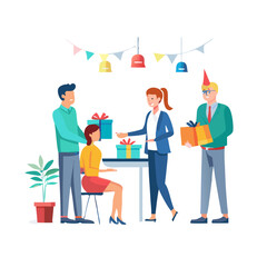 Office celebration scene with present giving and birthday party festivities