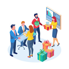 Team celebrating success with gifts in an isometric business environment