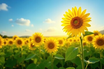 Tall sunflowers facing the sun in a sun-drenched field, botany, day, golden