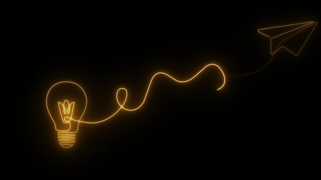 Neon glowing plane flying up connected with light bulb icon animation.Airplane in outline style. Start up business idea concept with editable stroke.