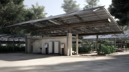 Obraz premium Agricultural Solar Inverter Box Under a Solar Canopy: Harnessing Clean Energy for Sustainable Farming Solutions