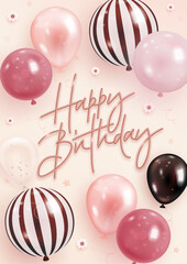 Vector birthday elegant greeting card, banner or party invitation with realistic 3d golden, pink and white balloons and falling confetti on pink background. Vector illustration