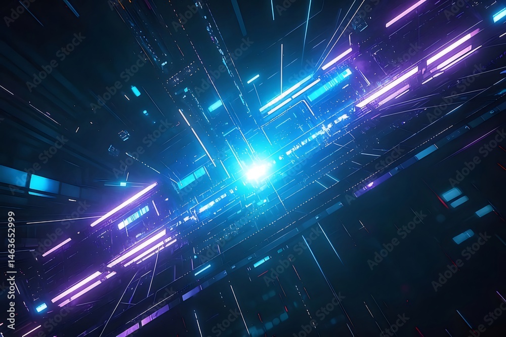 Aufkleber 青と紫のライトを備えた抽象的なデジタルデータトンネルテクノロジーネットワークの背景