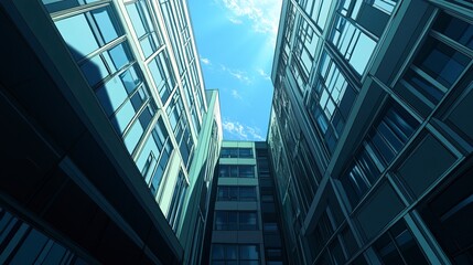 A low-angle view of a modern building with symmetrical rows of glass windows, its clean lines and bold design standing out in the outdoor setting 