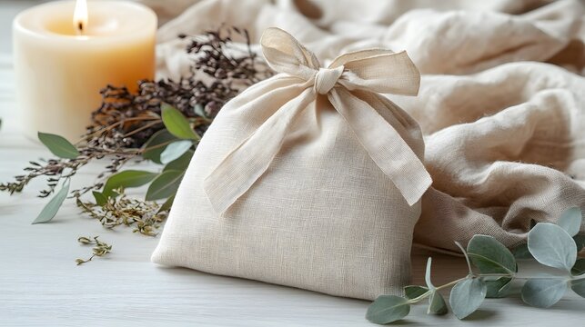 Beige fabric drawstring bag sits on a light surface with plants and a candle.