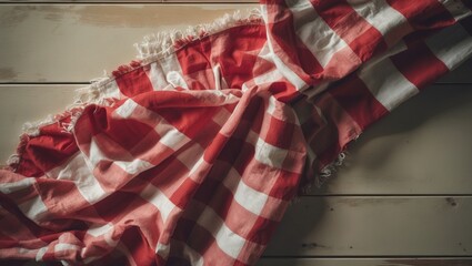 Naklejka premium Crumpled checkered fabric draped over a rustic wooden table, space reserved for text