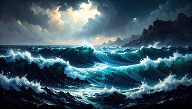 Dramatic seascape with turbulent waves crashing against rocky shore under stormy clouds and sunlight breaking through