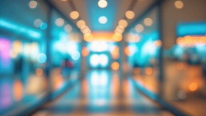 Fototapeta premium Business and retail store interior with shallow depth blurred background and blue bokeh effects