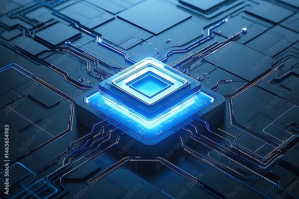 Poster 複雑な青色のテクノロジー回路基板とチップのクローズアップ詳細図 未来的なコンピュータープロセッサの抽象デザインとつながり