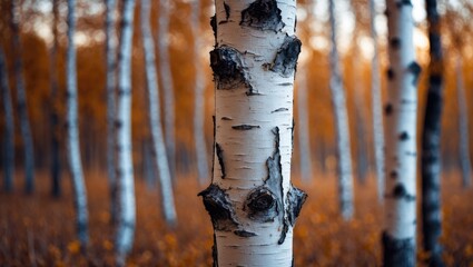 Detailed view of birch tree trunk surface featuring white and black striped pattern