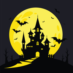 Haunted Castle Silhouette with Flying Bats and Full Moon Background for Halloween Night Scene
