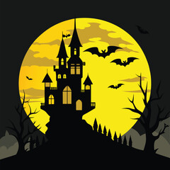 Haunted Castle Silhouette with Flying Bats and Full Moon Background for Halloween Night Scene
