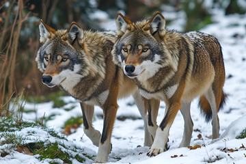 Two Wolves Walking Through Snowy Forest