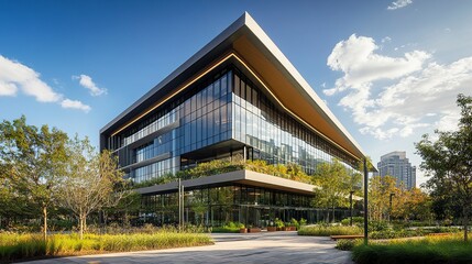 Obraz premium A modern corporate hub with a sleek, angular office building at its center, surrounded by urban greenery and a dynamic cityscape 