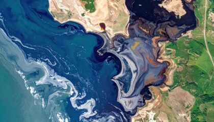 Obraz premium Aerial view of vibrant ocean water mixing with dark hues along the coastline, creating swirling patterns and unique textures