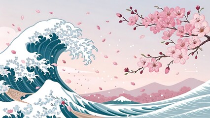 Japanese sakura wave illustration, combining delicate cherry blossoms with dynamic wave patterns, creating a harmonious blend of traditional and modern artistic styles for cultural designs