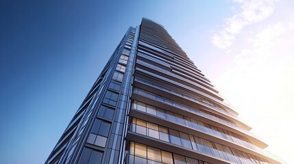 Obraz premium A modern high-rise with a facade dominated by reflective windows, its towering form highlighted by the low-angle view against a bright blue sky 