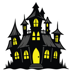 Cartoon Haunted House with Yellow Windows and Twisted Architecture Isolated on White Background

