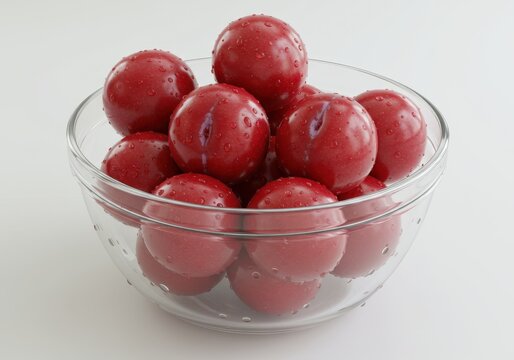 Freshly washed red plums with water droplets piled high in a clear glass bowl on a white surface