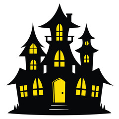 Cartoon Haunted House with Yellow Windows and Twisted Architecture Isolated on White Background
