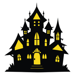 Cartoon Haunted House with Yellow Windows and Twisted Architecture Isolated on White Background
