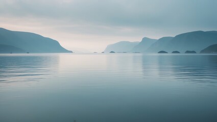 Panoramic ocean landscape with rugged mountains and fjords in the background