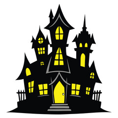 Cartoon Haunted House with Yellow Windows and Twisted Architecture Isolated on White Background
