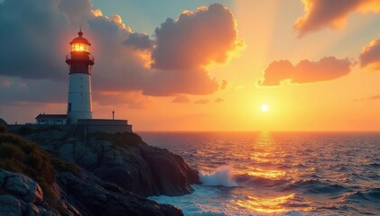 Fototapeta premium Golden sun rays illuminate a coastal beacon tower , light, beacon, golden