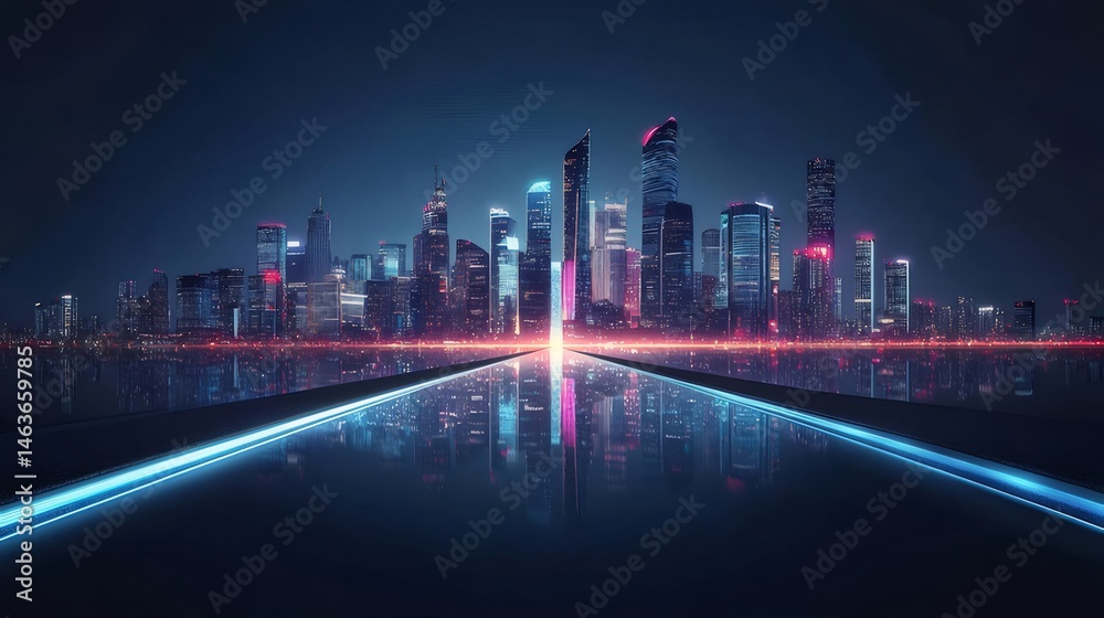 Poster 反射するライトが付いたネオンの光る高層ビルと都市のスカイラインの夜景 都市の夜景 反射水 暗い未来的なテーマ