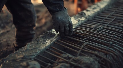 Naklejka premium Construction Worker Handling Reinforcement Steel Bars