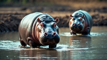 Waterside adult hippopotamus amphibius