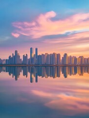 Fototapeta premium City Skyline Reflected in Water at Sunset
