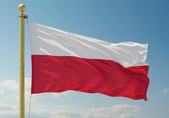 The national flag of poland waving gently against a bright blue sky with soft clouds in the background