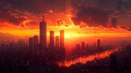 Fototapeta premium A panoramic view of the city at sunset, tall skyscrapers glowing softly as the last rays of sunlight fade into the horizon 