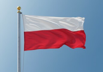 The flag of poland waves gently against a clear blue sky on a bright, sunny day, showcasing national pride