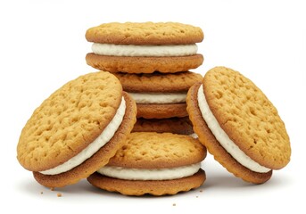 Stacked sandwich cookies with cream filling on a white background, perfect for a sweet treat or snack time