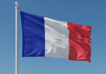 The flag of france waving gently against a clear blue sky, showcasing the colors of the french republic
