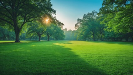 Fototapeta premium Bright morning scene in a park with vibrant green grass, trees, and open space for multiple purposes