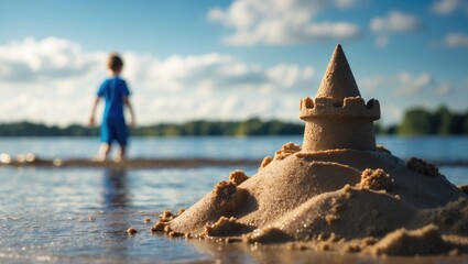 Childhood memories come alive as a sand mound by the water's edge features a blurred figure in the background preparing for play, set in a natural beach scene.