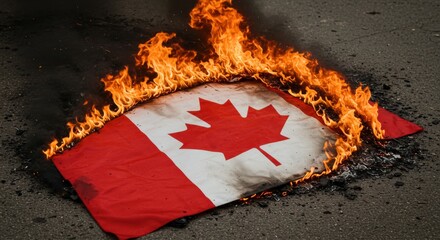 A Canadian national flag lies on the asphalt ground engulfed in bright orange flames and dark smoke, symbolizing protest or destruction.