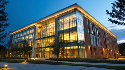 A polished modern building with glass panels and symmetrical windows, viewed from below to showcase its architectural boldness and sleek design 