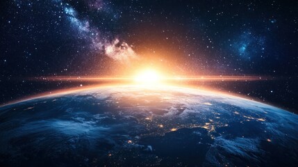 Obraz premium a captivating view of earth from space with a radiant sunrise painting the horizon amidst a star-studded canvas offering a sense of awe and wonder about cosmic beauty