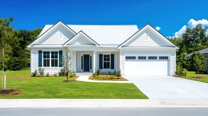 Modern white house exterior with metal roof and green lawn