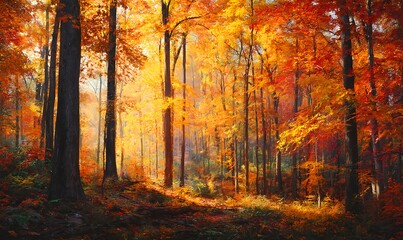Obraz premium Sunlit autumn forest with golden leaves blanketing the ground and swirling in the breeze